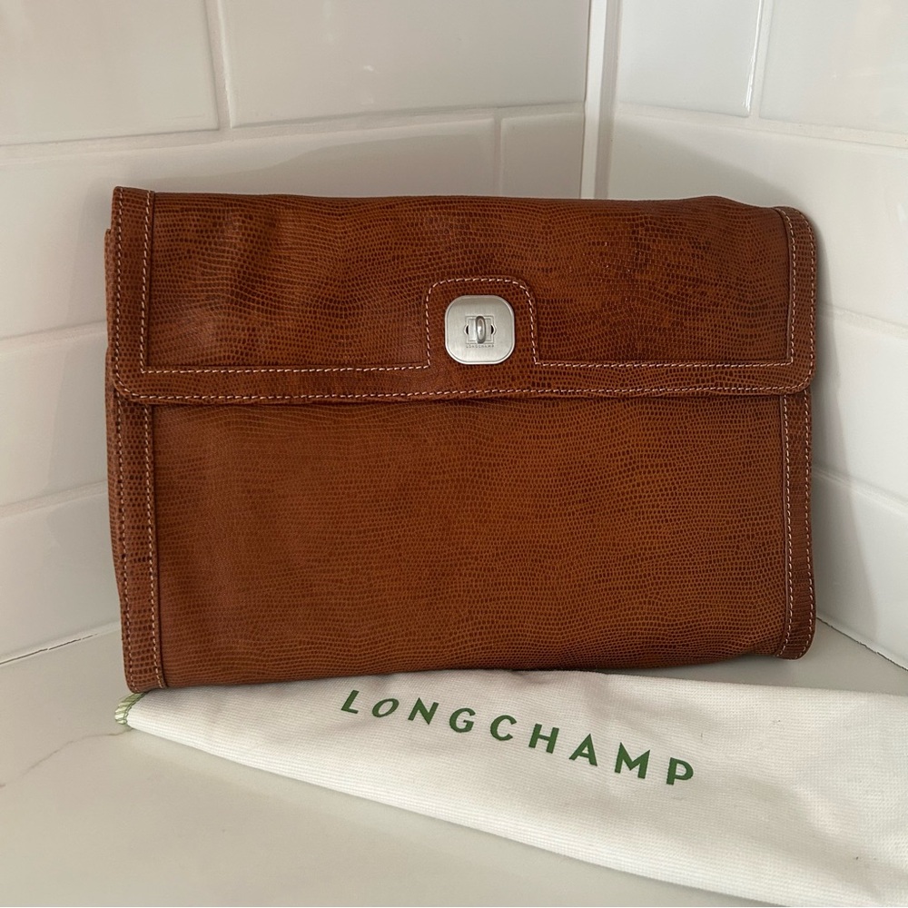 Longchamp Brown Leather Fold-Over Clutch with Silver Turn-Lock